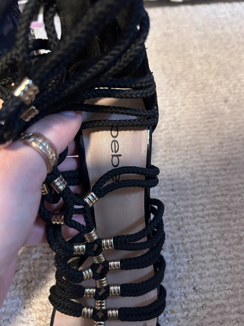 Bebe Black Strappy Cage Heels w/ Metallic Rope Detail – Size 9 - Picture 15 of 16